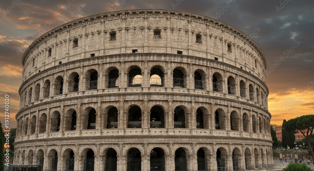 Fototapeta premium Front view of the Colosseum at sunset with dramatic clouds and historic architecture