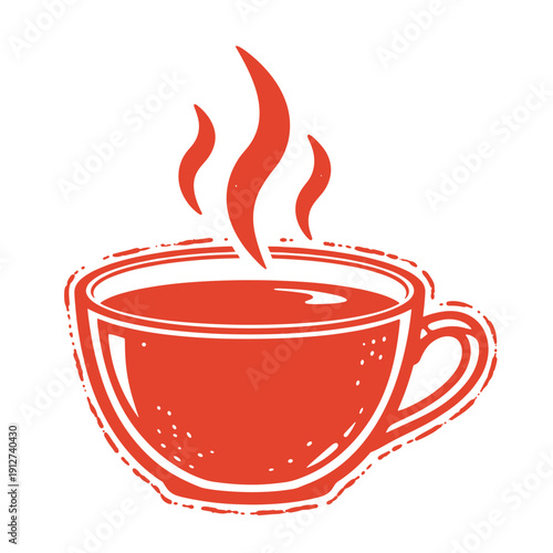 Illustration of a steaming rooibos tea cup in bold red, isolated on a white background with stylized design elements