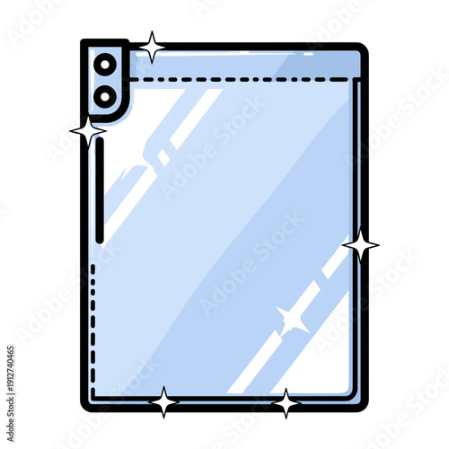 Transparent sheet protector with reinforced holes isolated on white background, featuring blue tint and reflective surface with sparkling highlights