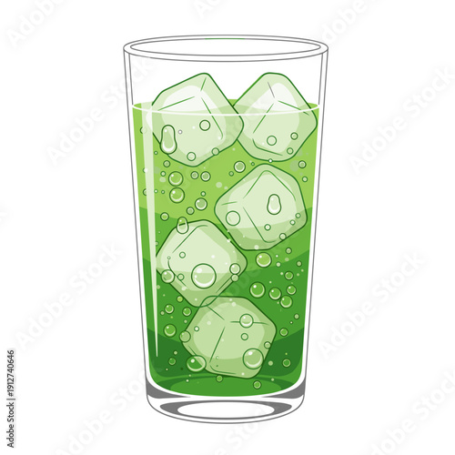 Refreshing melon soda in a transparent glass with ice cubes, isolated against a clean white background, showcasing vibrant green hues and fizzy bubbles