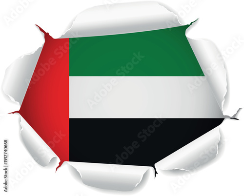 Flag of United Arab Emirates. Flag Revealed Through Torn Paper Hole over a transparent background