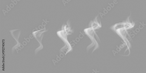 Realistic white cloud or fire smoke in the sky and vector weather element on transparent background. Chimney smoke, fog wave or cloud pattern with overlay effect. Cloud art or smoky air illustration.