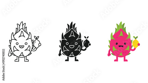 Dragon fruit character in various stages of illustration