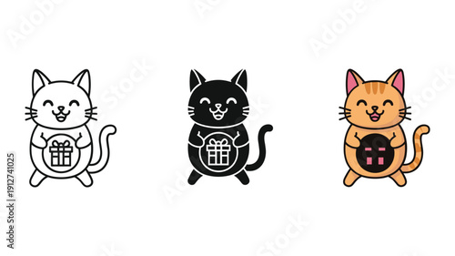 Maneki Neko Cat Set: White, Black, and Orange Lucky Cat Illustrations