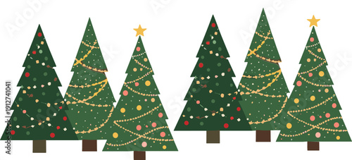 Decorated Christmas Tree Collection with Golden Garlands and Colorful Ornaments Festive Winter Holiday Vector Illustration