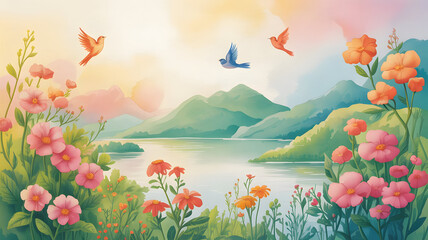 Acrylglasbilder Pistache Serene landscape with vibrant flowers birds and majestic mountains  © Sobuj