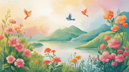 Serene landscape with vibrant flowers birds and majestic mountains