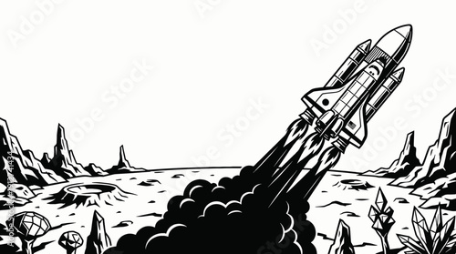 launch phase rocket spacecraft spaceship ascending from planet surface into orbit across galaxy universe with stars showing cosmic exploration mission