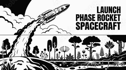 launch phase rocket spacecraft spaceship ascending from planet surface into orbit across galaxy universe with stars showing cosmic exploration mission