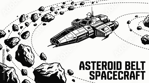 asteroid belt spacecraft spaceship navigating through rocky orbit within galaxy universe near distant planet and stars showing cosmic exploration mission