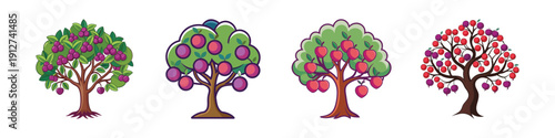 Set of plum trees with fruits in flat design vector illustration