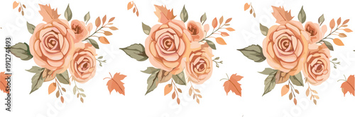 Elegant Peach Rose Floral Bouquet Set with Autumn Leaves Romantic Botanical Vector Illustration Collection