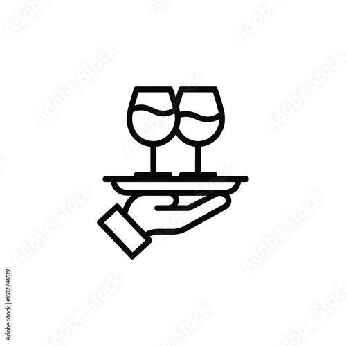 A simple line drawing depicts a waiter serving two glasses of wine