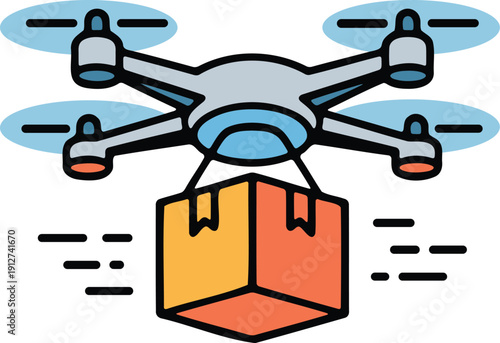 Drone delivering package flying above city urban landscape automated service future technology