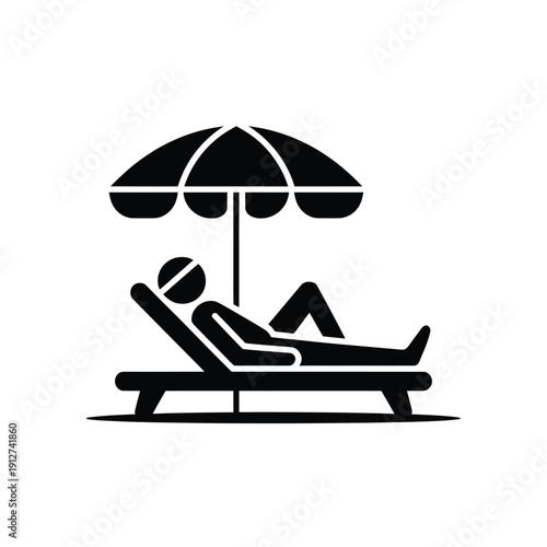 Simple black and white icon of a person relaxing under an umbrella