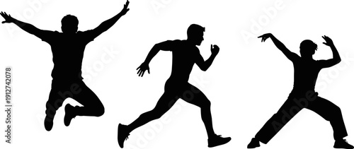 Active men silhouettes set, jumping, running and dancing male figures in dynamic poses, black vector illustration isolated on white background