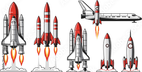 Cartoon rocket launch set, space shuttle and retro spaceship illustration, isolated vector collection of spacecraft blasting off with fire flames on white background