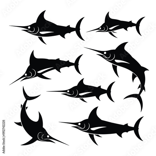 Stylized marlin silhouettes depict ocean life in a graphic design