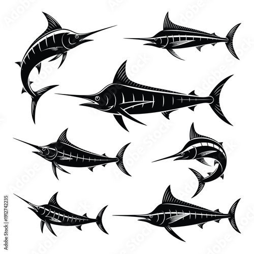 Black and white illustration of multiple marlin fish in various poses