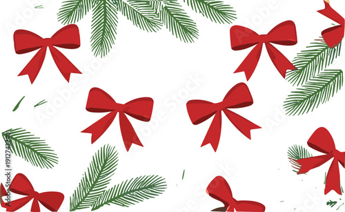 Festive Christmas Red Ribbon Bows with Green Pine Branches Isolated on White Holiday Decorative Vector Background