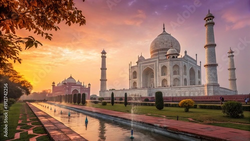 Peaceful fountain pathway leading toward majestic Taj Mahal.