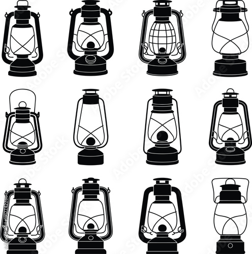 Vintage kerosene lantern silhouettes collection featuring classic camping, emergency and antique oil lamps, traditional lighting equipment icons isolated on white background