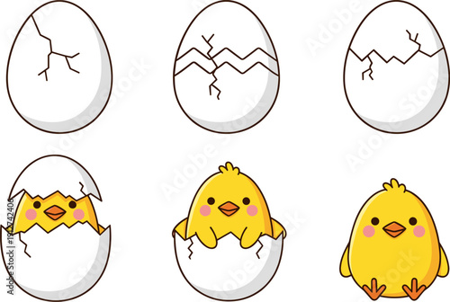 Cute chick hatching from egg sequence set, cracked shell stages cartoon vector illustration isolated on white background for Easter design
