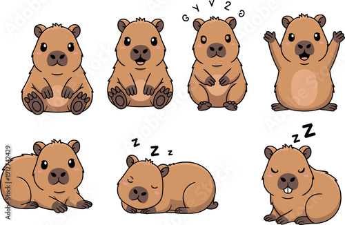 Cute capybara cartoon set, adorable rodent character in sitting and sleeping poses, kawaii animal vector illustration isolated on white background
