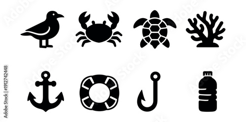 Sea-related silhouette icons set