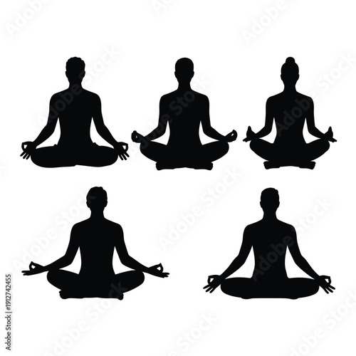 Silhouettes of people meditating in various lotus positions against a white background