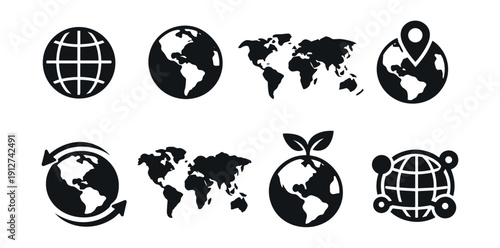 Global and Earth-themed monochromatic icons set