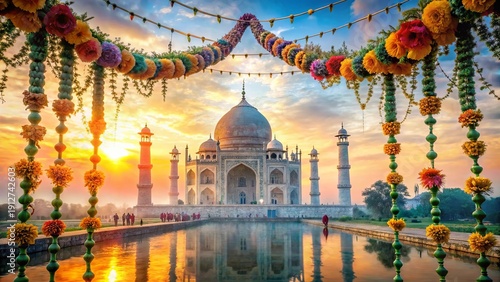 Taj Mahal decorated with colorful garlands during sunset festival.