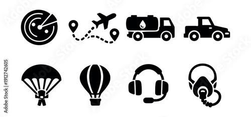 Aviation and transportation black icons set