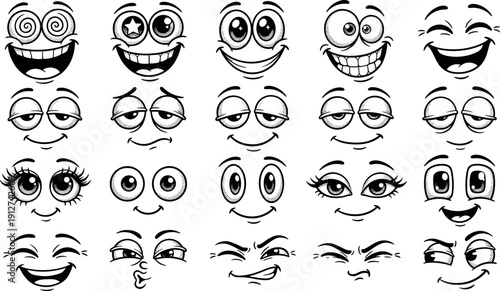 Black and white cartoon emoji faces set, funny comic expressions collection with detailed eyes and smiles vector illustration isolated background