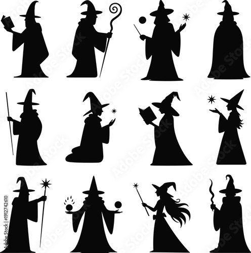 Wizard silhouettes collection featuring fantasy magic characters with staffs, spells and books, mystical sorcerer figures for Halloween, fairy tale and game design isolated on white