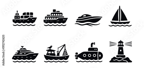 Nautical silhouette icons set