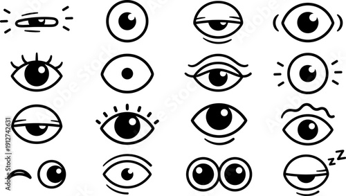 Cartoon eye icons set, black and white expressive doodle eyes collection for emoji, logo and character design vector illustration isolated background
