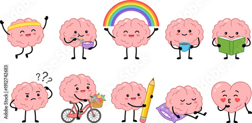 Cute brain cartoon character set, funny pink mascot with different activities and emotions vector illustration isolated on white background