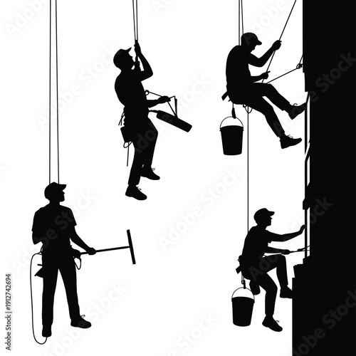 Silhouettes of window washers suspended on ropes against a white background