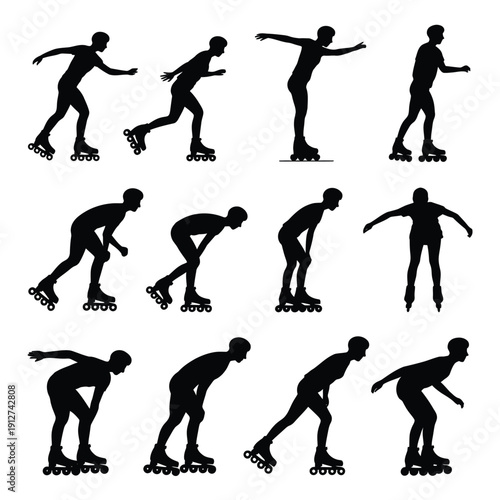 Silhouettes of people inline skating in various dynamic poses
