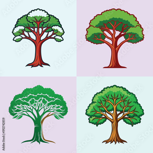 Teak Tree Variations Set Flat Design Vector Illustration