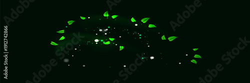 Green shiny line spiral spring wind effect with dust particles and leaves particles on black background. Concept of freshness, growth, spring, summer and ecology.