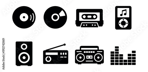 Audio technology black and white icons set