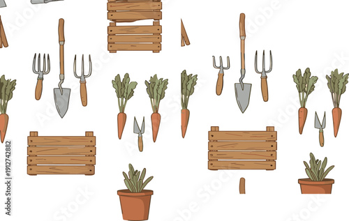 Hand Drawn Gardening Tools and Fresh Carrots with Wooden Crates Rustic Farm Vector Illustration Set