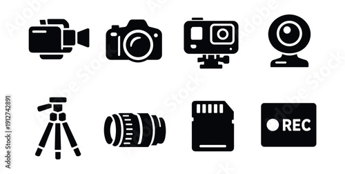 Photography and videography black and white icons set