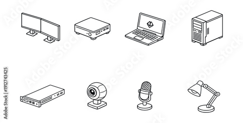 Electronic devices line art icons set