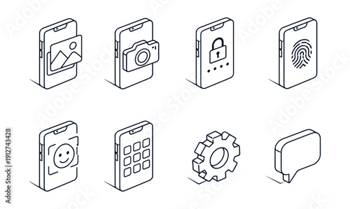 Smartphone Functionality Isometric Line Icons