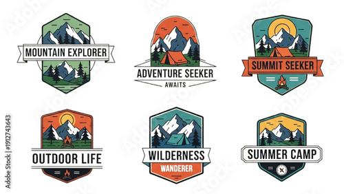 Collection of emblems depicting adventurous outdoor activities in mountainous terrain, featuring wilderness and summits