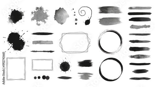 Collection of various black ink splatters and brush strokes with frames on white background viewed from directly above