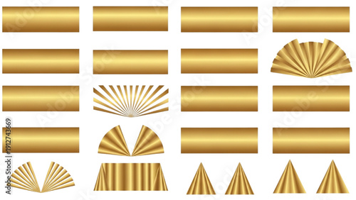 Collection of golden decorative elements, shapes, and designs on a clean background, viewed from directly above